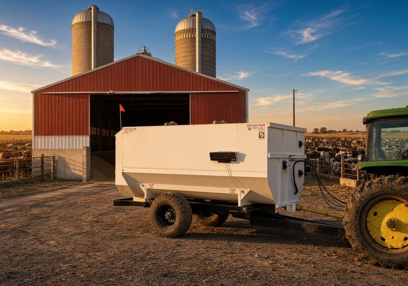 Feed mixer wagon with a scale indicator at a cattle feedlot
