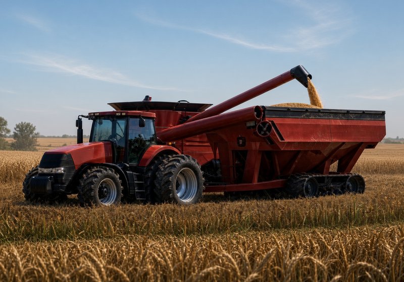 Tractor and grain cart at harvest in a grain field